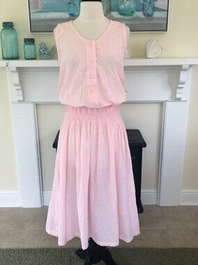 Vintage Jodi Schwartz Pink Sleeveless Smock Waist Midi Dress Medium Feminine USA